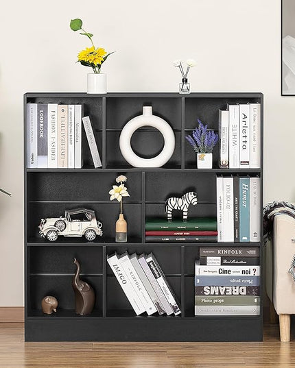 YAHARBO Black Wide Bookshelf,3 Tier Modern Horizontal Bookcase,Wood Low Bookshelves Display Storage Cabinet with Base,Floor Standing 8 Cube Large Bookcases Organizer for Bedroom,Living Room,Office - LeafyLoom