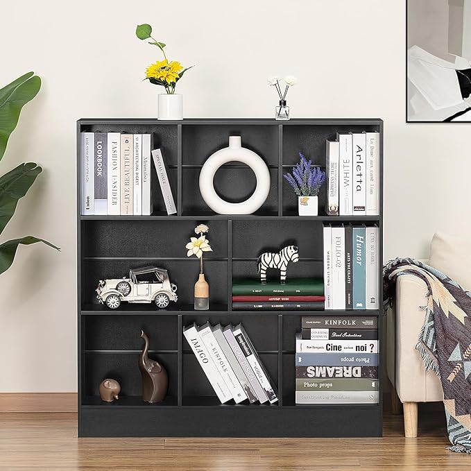 YAHARBO Black Wide Bookshelf,3 Tier Modern Horizontal Bookcase,Wood Low Bookshelves Display Storage Cabinet with Base,Floor Standing 8 Cube Large Bookcases Organizer for Bedroom,Living Room,Office - LeafyLoom