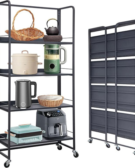 No-Assembly Folding Bookshelf Storage Rack Shelves with Castors 4 Tiers Vintage Bookcase Standing Racks Multifunctional Plant Flower Stand Study Organizer for Home Office (Metal,Deep Grey) - LeafyLoom