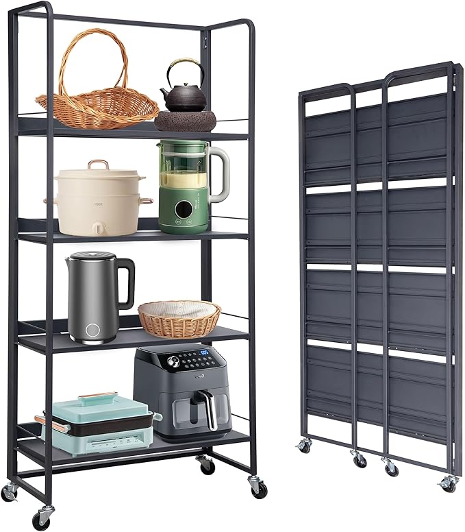 No-Assembly Folding Bookshelf Storage Rack Shelves with Castors 4 Tiers Vintage Bookcase Standing Racks Multifunctional Plant Flower Stand Study Organizer for Home Office (Metal,Deep Grey) - LeafyLoom