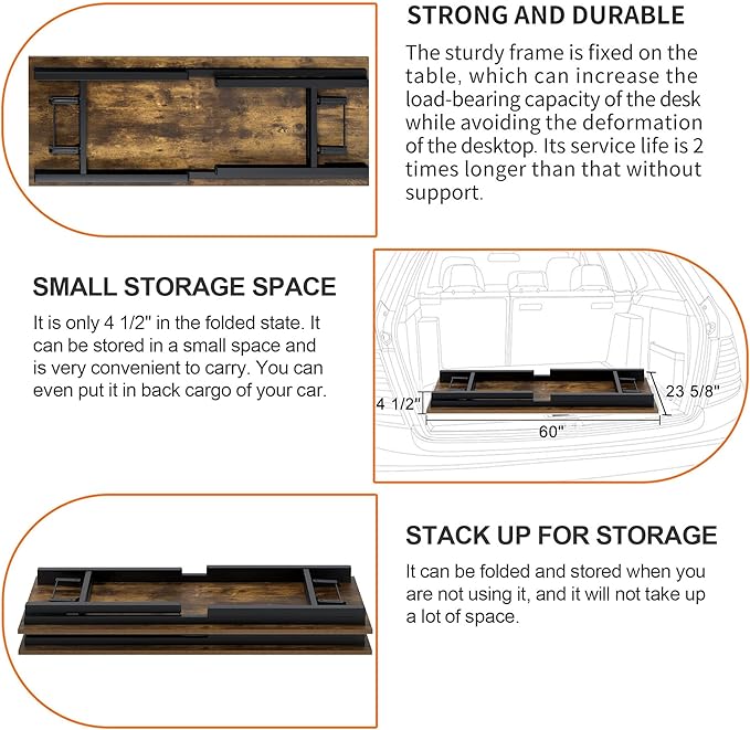 Need Home Office Desk Large Computer Desk 60 inch Sturdy Table Foldable Desk Gaming Computer Table No Assembly Required, Rustic Brown&Black Frame AC5FB(152.4 * 60) - LeafyLoom