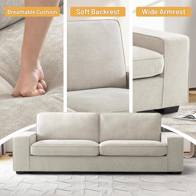 EASELAND Sofa Couch, 88" Chenille Loveseat for Living Room, 3 Seater Lounge Sofa for Bedroom with Removable Back and Seat Cushions, Modern Deep Seat Comfy Couch with Solid Wood Legs and Armrest(Beige) - LeafyLoom