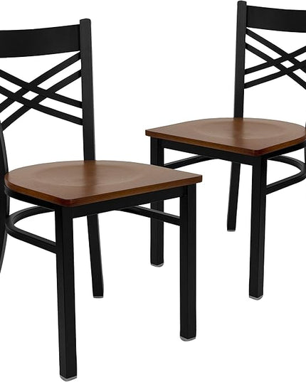 Flash Furniture 2 Pk. HERCULES Series Black ''X'' Back Metal Restaurant Chair - Cherry Wood Seat - LeafyLoom