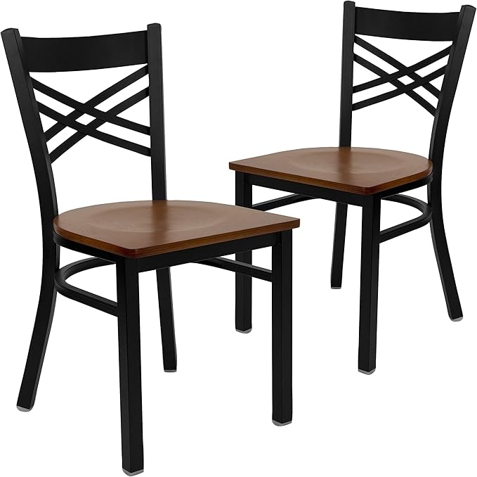 Flash Furniture 2 Pk. HERCULES Series Black ''X'' Back Metal Restaurant Chair - Cherry Wood Seat - LeafyLoom