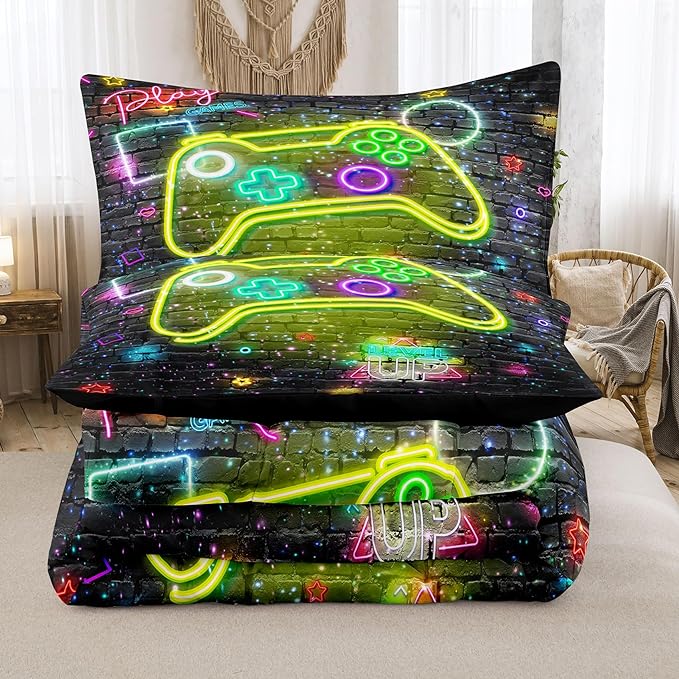 NINENINE Gamer Bedding Sets Twin Comforter Sets for Boys 5PCS,Twin Bedding Sets for Boys,Kids Comforter Sets Boys(1Comforter, 1Flat Sheet, 1Fitted Sheet, 2Pillowcases) - LeafyLoom