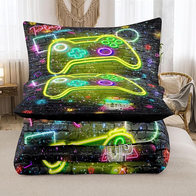 NINENINE Full Size Bedding Sets for Boys,5PCS Gaming Bedding Sets,Full Size Comforter Size for Boys,Boys Bedding Full Size(1Comforter, 1Flat Sheet, 1Fitted Sheet, 2Pillowcases) - LeafyLoom
