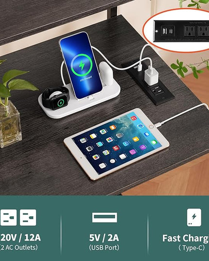 Yoobure Computer Desk with Power Outlets Fast Charging Type-C Included, Gaming Desk with LED Lights, 47" Office Desk with Adjustable Monitor Stand, Small Desk Home Office Desks with Storage Bag & Hook - LeafyLoom