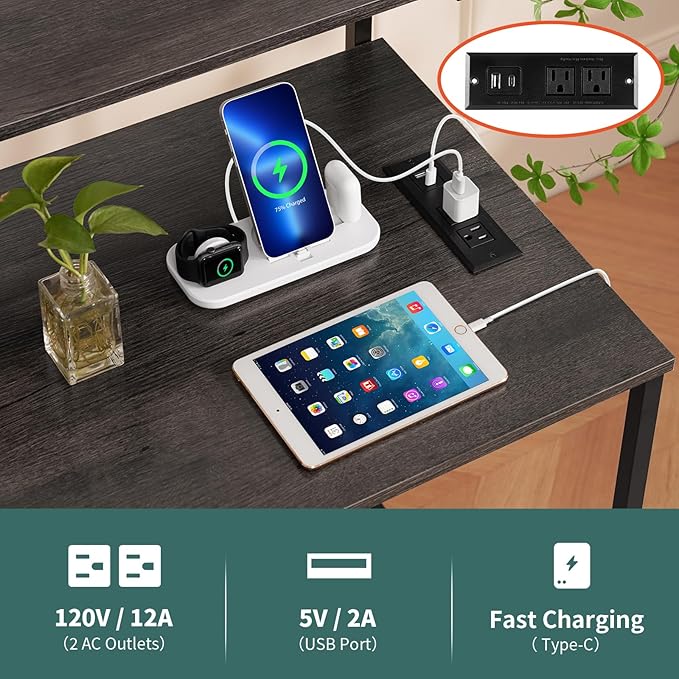 Yoobure Computer Desk with Power Outlets Fast Charging Type-C Included, Gaming Desk with LED Lights, 47" Office Desk with Adjustable Monitor Stand, Small Desk Home Office Desks with Storage Bag & Hook - LeafyLoom