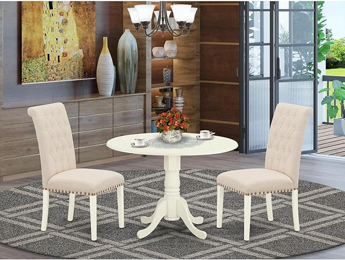 East West Furniture DLBR3-WHI-02 3 Piece Modern Dining Table Set Contains a Round Wooden Table with Dropleaf and 2 Light Beige Linen Fabric Parson Dining Chairs, 42x42 Inch, Linen White - LeafyLoom
