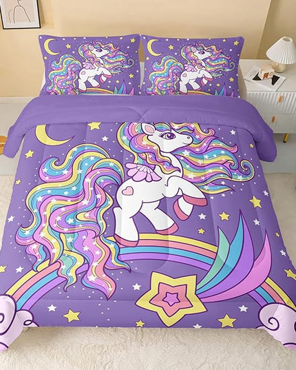 Unicorn Comforter King Size,Rainbow Unicorn Comforter Set for Kids Teens Girls,3Pcs Bedding Set Printed Comforter with 2 Pillowcases,Down Alternative,Soft and Lightweight(Purple，King Size) - LeafyLoom