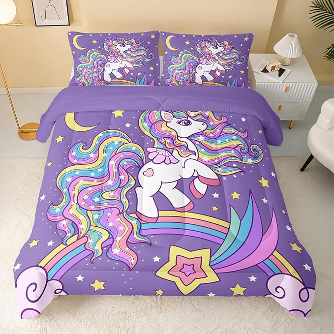 Unicorn Comforter Queen Size,Rainbow Unicorn Comforter Set for Kids Teens Girls,3Pcs Bedding Set Printed Comforter with 2 Pillowcases,Down Alternative,Soft and Lightweight(Purple，Queen Size) - LeafyLoom