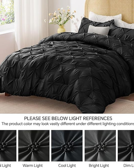 BEDELITE Black King Size Comforter Set - 3 Pieces Boho Pintuck Bedding Comforter Sets, Lightweight Soft & Warm King Bedding Set with 2 Pillowcases for All Season - LeafyLoom