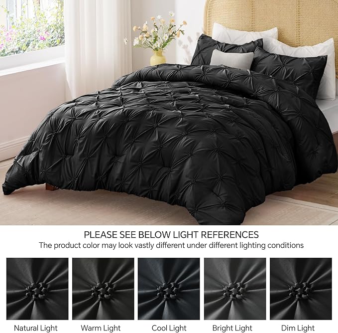 BEDELITE Black King Size Comforter Set - 3 Pieces Boho Pintuck Bedding Comforter Sets, Lightweight Soft & Warm King Bedding Set with 2 Pillowcases for All Season - LeafyLoom