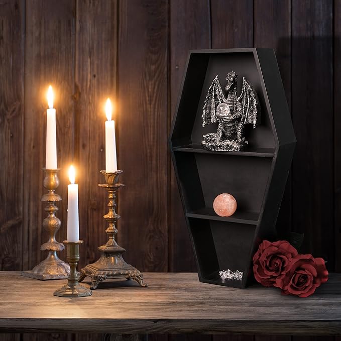 MANNY'S MYSTERIOUS ODDITIES Coffin Bookshelf - Extra Large Coffin Shelf 21 Inches by 11 Inches - Includes Removable Shelves - Gothic Decor for Home - LeafyLoom