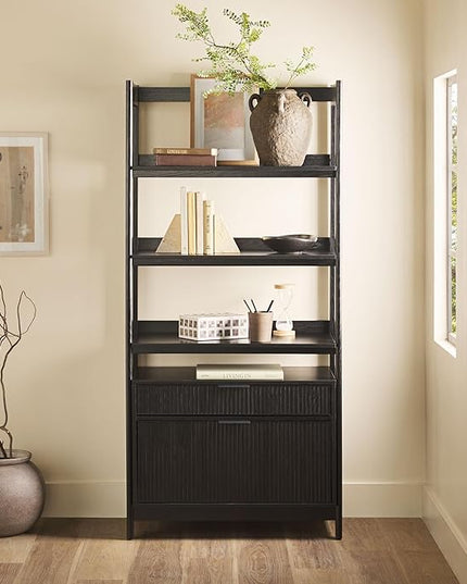 Walker Edison Modern Reeded 4-Shelf Bookshelf Bottom, 33 Inch, Two-Drawer Black - LeafyLoom