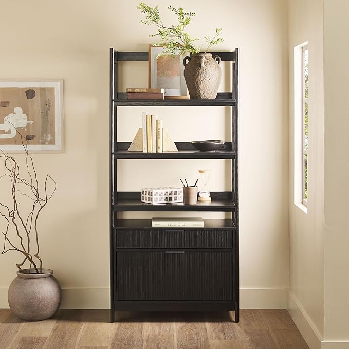 Walker Edison Modern Reeded 4-Shelf Bookshelf Bottom, 33 Inch, Two-Drawer Black - LeafyLoom