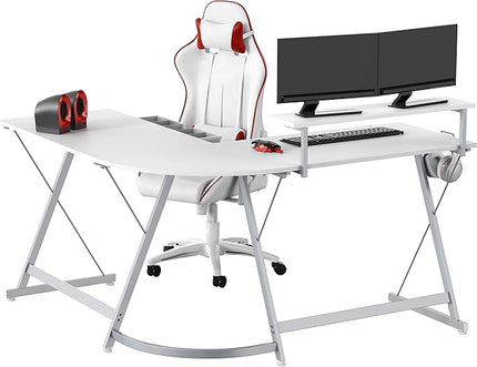 SHW Vista L-Shape Desk with Monitor Stand, White - LeafyLoom