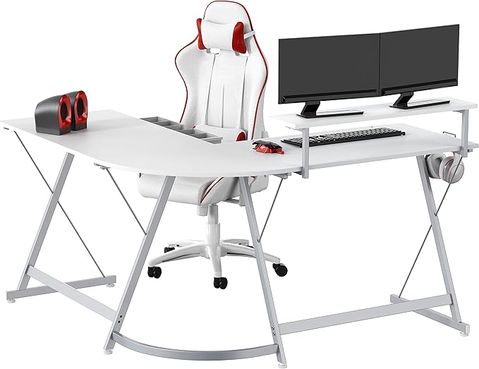 SHW Vista L-Shape Desk with Monitor Stand, White - LeafyLoom