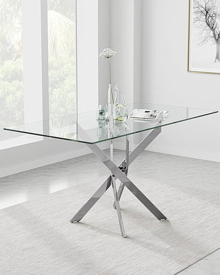 Tempered Glass Dining Table with Chromed Legs, 47in Rectangular Kitchen Table for Kitchen Dining Room Home Office (47.24 * 27.55, White/Silver) - LeafyLoom
