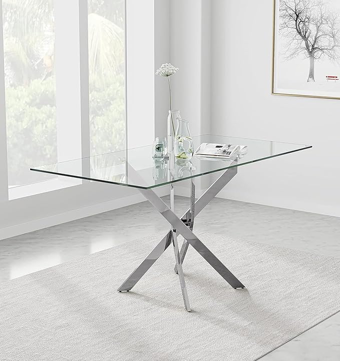 Tempered Glass Dining Table with Chromed Legs, 47in Rectangular Kitchen Table for Kitchen Dining Room Home Office (47.24 * 27.55, White/Silver) - LeafyLoom