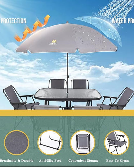 Nice C Outdoor Dining Sets, Patio Furniture Set, 8 Piece Set with Umbrella, Garden Outdoor Furniture Table Set with Tilted Removable Umbrella, Glass Table, and 6 Folding Chairs (Grey) - LeafyLoom