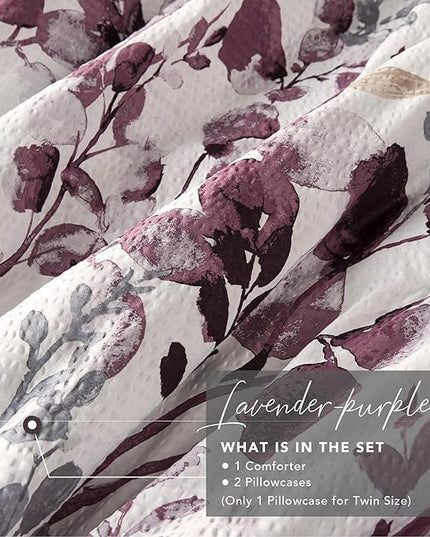 Codi Floral Queen Comforter Set for Womens, Spring Lavender Bedding Sets with Soft Seersucker 3pcs - 1 Flower Comforters and 2 Pillows Case, Lilac Purple - LeafyLoom