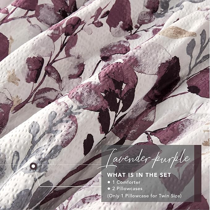 Codi Floral Queen Comforter Set for Womens, Spring Lavender Bedding Sets with Soft Seersucker 3pcs - 1 Flower Comforters and 2 Pillows Case, Lilac Purple - LeafyLoom