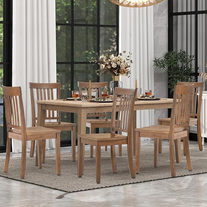 COLAMY Wooden Dining Chairs Set of 6, Spindle High Back Windsor Kitchen Side Chair, Farmhouse Dining Chairs for Kitchen and Dining Room, Light Brown - LeafyLoom