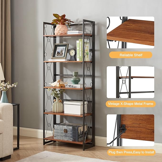 VECELO Folding Bookshelf,5 Tier Bookcase Foldable Easy Assembly, Industrial Book Shelf Storage Organizer with X Metal Frame and Anti-Toppling Design, - LeafyLoom