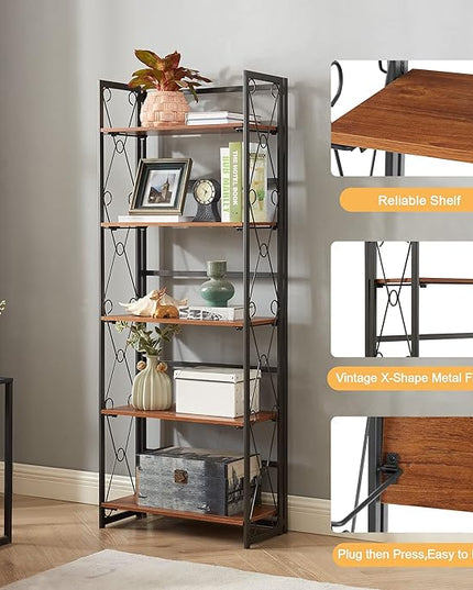 VECELO Folding Bookshelf,5 Tier Bookcase Foldable Easy Assembly, Industrial Book Shelf Storage Organizer with X Metal Frame and Anti-Toppling Design,1 Set - LeafyLoom