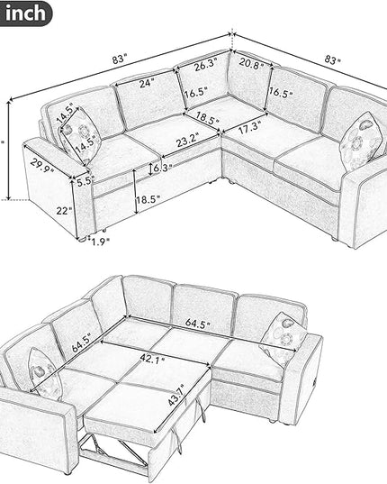 83“ L-Shape Sectional Sleeper Sofa with Pull out Bed, Linen Upholstered Convertible Couch w/ 3 Pillows, 2 Power Sockets &2 USB ports, for Living Room Apartment, 83 Inch, Cream - LeafyLoom