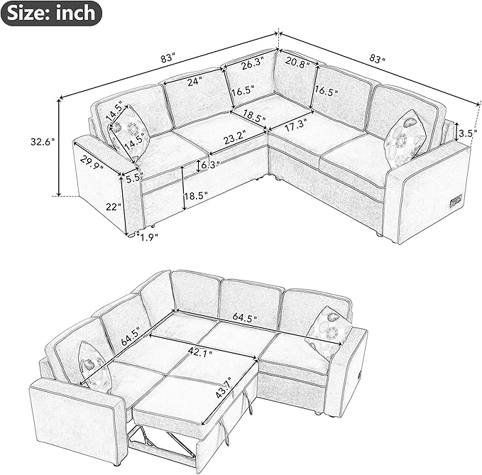 83“ L-Shape Sectional Sleeper Sofa with Pull out Bed, Linen Upholstered Convertible Couch w/ 3 Pillows, 2 Power Sockets &2 USB ports, for Living Room Apartment, 83 Inch, Cream - LeafyLoom