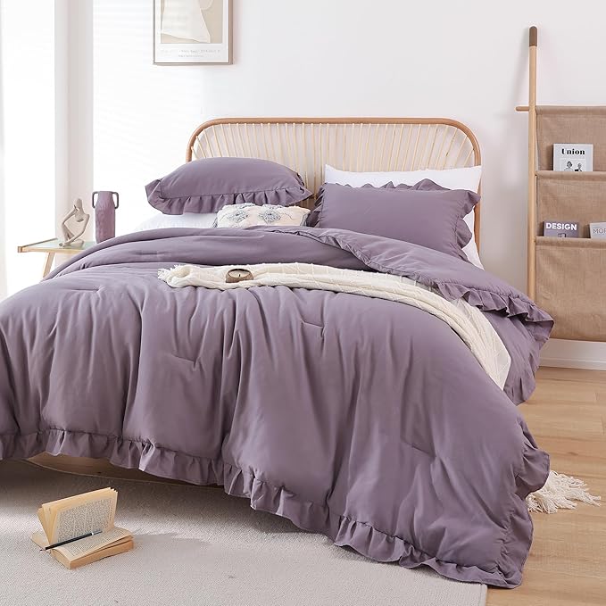 JANZAA California King Comforter Set Grayish Purple Ruffle Comforter 3PCS Soft Fluffy Boho Comforter Vintage Farmhouse Bed Comforter Set Shabby Chic Bedding with 2 Pillowcases for All Season - LeafyLoom
