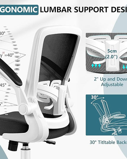 MINLOVE Office Chair Ergonomic Desk Chair with Adjustable Lumbar Support and Height, 90° Flip-up Armrests, Ergo Desk Chairs with Wheels, 360° Swivel Mesh Chair, Home Work Use (White) - LeafyLoom
