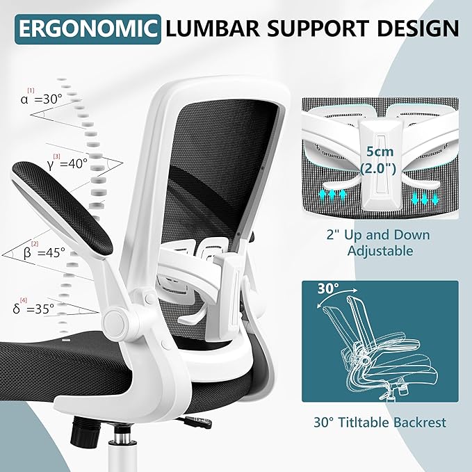 MINLOVE Office Chair Ergonomic Desk Chair with Adjustable Lumbar Support and Height, 90° Flip-up Armrests, Ergo Desk Chairs with Wheels, 360° Swivel Mesh Chair, Home Work Use (White) - LeafyLoom