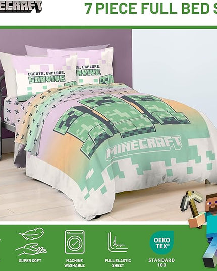 Minecraft Creeper Full Comforter Set - 7 Piece Bedding includes Sheet Set & Pillow Covers - Super Soft Pink & Green Kids Bedding - LeafyLoom