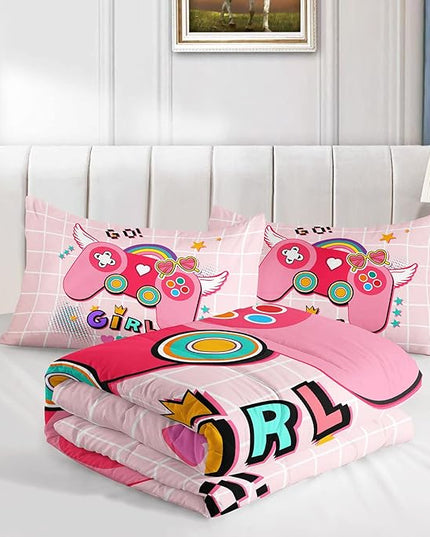 Datura home Bedding Comforter Set Pink Gamepad Printed Pattern Quilt with 1 and 2 Pillowcases for Girls Bedroom All Season(Pink Queen) Queen 90x90inches - LeafyLoom