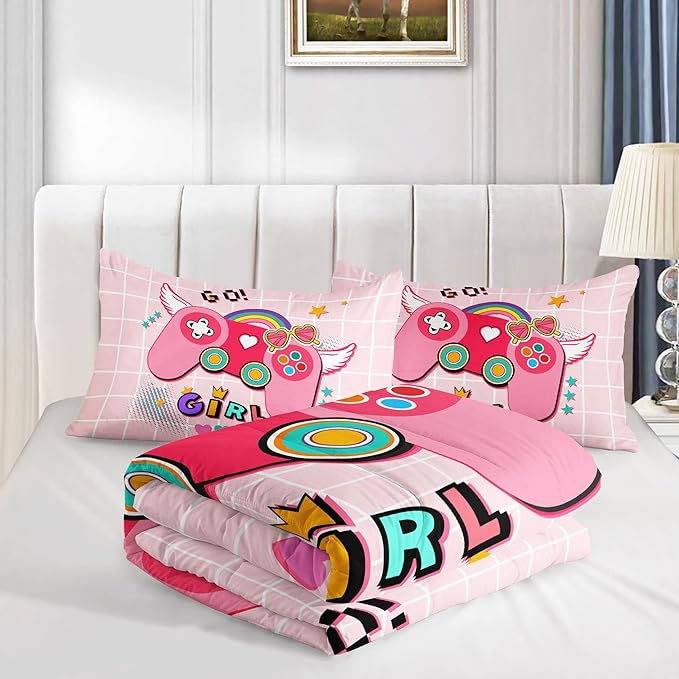 Datura home Bedding Comforter Set Pink Gamepad Printed Pattern Quilt with 1 and 2 Pillowcases for Girls Bedroom All Season(Pink Twin) Twin 68x86inches - LeafyLoom
