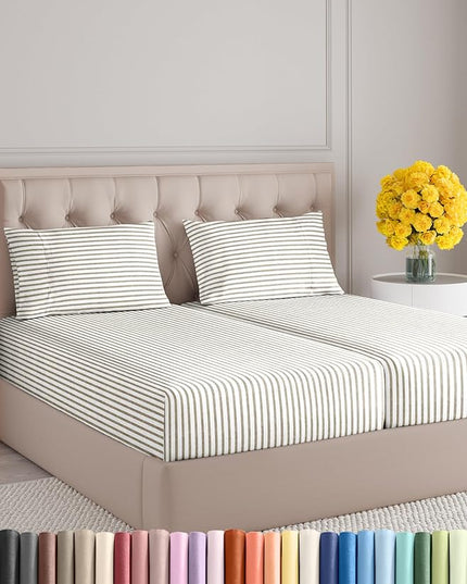 Split King Size 5 Piece Sheet Set - Comfy Breathable & Cooling Sheets - Hotel Luxury Bed Sheets for Women & Men - Deep Pockets, Easy-Fit, Soft & Wrinkle Free Sheets - Beige Stripes Oeko-Tex Bed Sheets - LeafyLoom