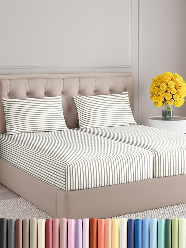Split King Size 5 Piece Sheet Set - Comfy Breathable & Cooling Sheets - Hotel Luxury Bed Sheets for Women & Men - Deep Pockets, Easy-Fit, Soft & Wrinkle Free Sheets - Beige Stripes Oeko-Tex Bed Sheets - LeafyLoom