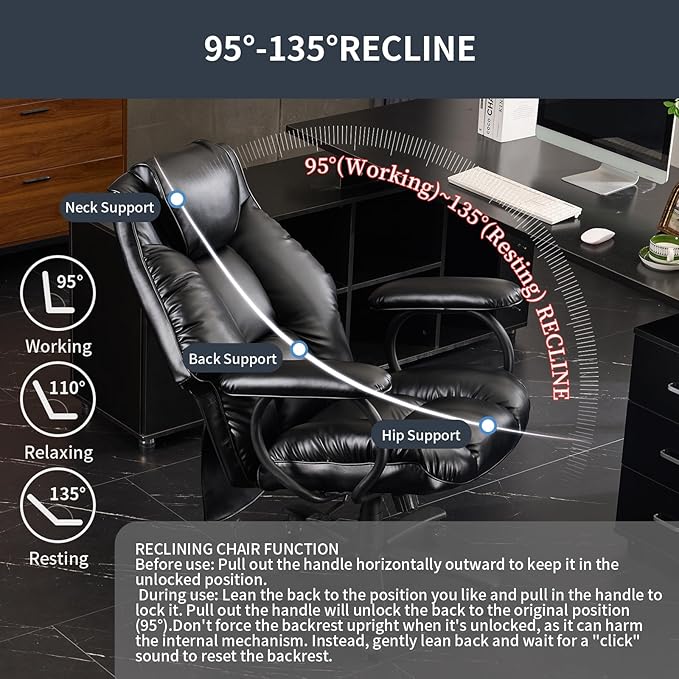 Office Chair Big and Tall, Ergonomic Office Chair 400lbs, Office Desk Chair with Ottoman, High Back Executive Office Chair, Adjustable Home Office Chair, Computer Chair PU Leather (Black) - LeafyLoom