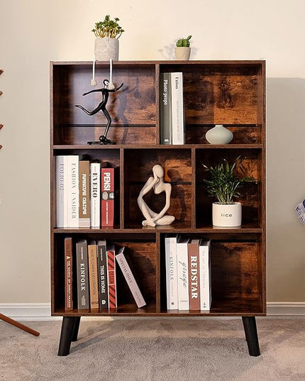 LEYAOYAO Cube Bookshelf 3 Tier Mid-Century Rustic Brown Modern Bookcase with Legs,Retro Wood Bookshelves Storage Organizer Shelf,Freestanding Open Book Shelves for Bedroom,Living Room,Office - LeafyLoom