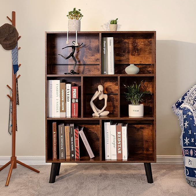 LEYAOYAO Cube Bookshelf 3 Tier Mid-Century Rustic Brown Modern Bookcase with Legs,Retro Wood Bookshelves Storage Organizer Shelf,Freestanding Open Book Shelves for Bedroom,Living Room,Office - LeafyLoom