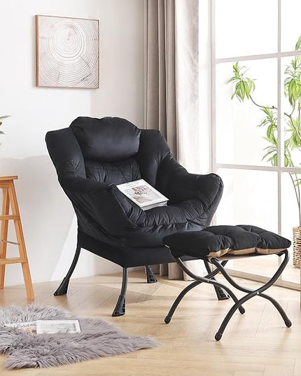 LITA Lazy Chair with Ottoman, Modern Accent Leisure Upholstered Sofa Chair, Contemporary Lounge Reading Chair with Armrests and a Side Pocket for Living Room, Bedroom & Small Space, Black - LeafyLoom
