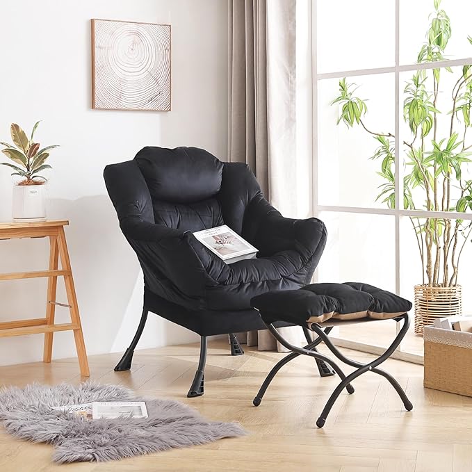 LITA Lazy Chair with Ottoman, Modern Accent Leisure Upholstered Sofa Chair, Contemporary Lounge Reading Chair with Armrests and a Side Pocket for Living Room, Bedroom & Small Space, Black - LeafyLoom