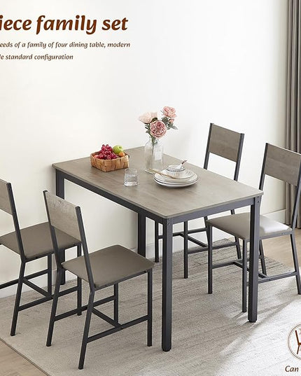 Dining Table Set for 4, Industrial Metal Wood 47.2" Kitchen Dining Table with 4 Upholstered PU Leather Chairs, Indoor Modern Furniture Set for Dining Room, Dinette, Breakfast Nook, Grey - LeafyLoom