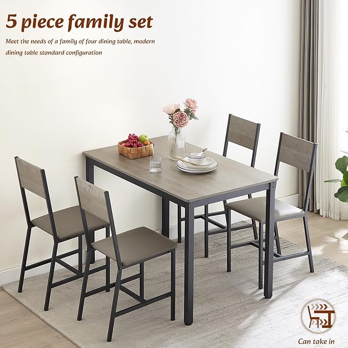 Dining Table Set for 4, Industrial Metal Wood 47.2" Kitchen Dining Table with 4 Upholstered PU Leather Chairs, Indoor Modern Furniture Set for Dining Room, Dinette, Breakfast Nook, Grey - LeafyLoom