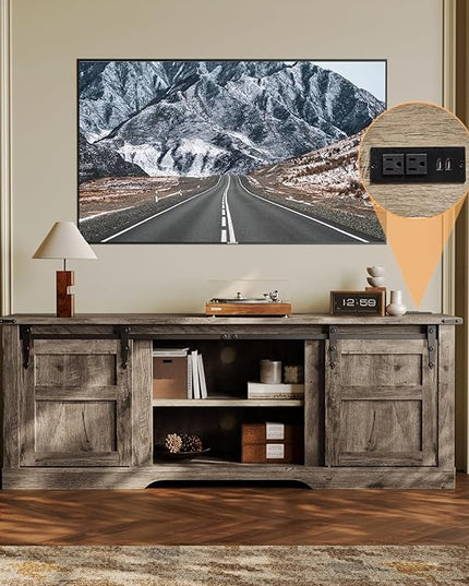 oneinmil TV Stand for 65” TV, Entertainment Center with Storage Cabinets and Sliding Barn Doors, Rustic Media TV Console Table for Living Room, Bedroom, Grey - LeafyLoom