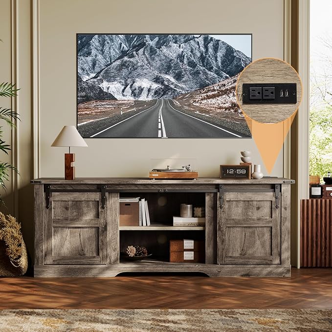 oneinmil TV Stand for 65” TV, Entertainment Center with Storage Cabinets and Sliding Barn Doors, Rustic Media TV Console Table for Living Room, Bedroom, Grey - LeafyLoom