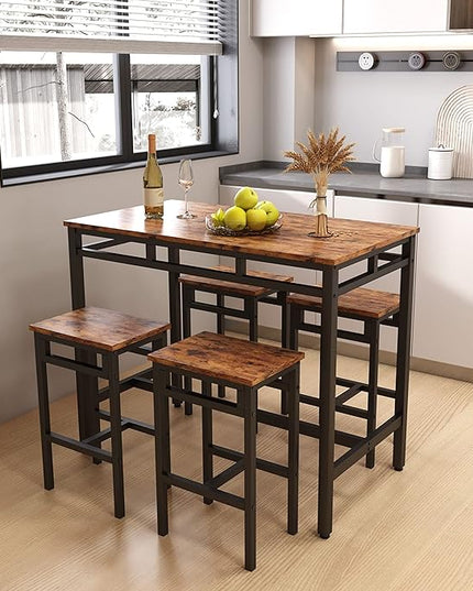 NicBex Dining Table Set for 4 Kitchen Table Set Bar Table Set 5Pc Dinging Table Set with High Stools for Dining Room, Small Space, Apartment, Structural Strengthening, Industrial Style, Rustic Brown - LeafyLoom